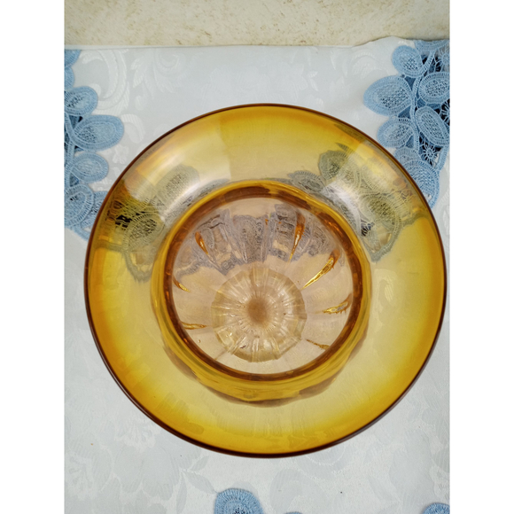 Blown Glass Compote Bowl/Candle Holder Amber Ribbed Bowl and Clear Pedestal 6" - Picture 5 of 6